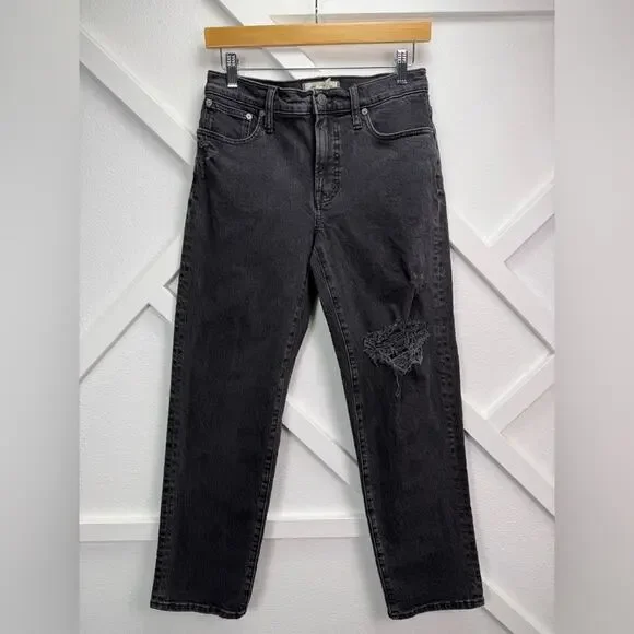Madewell The Mid-Rise Perfect Vintage Straight Jean Black Ripped Edition Size 26 - Picture 2 of 13
